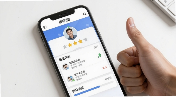 暖帮信用积分与评价页面,手机屏幕展示用户个人主页,包含星级评分、历史评价列表和积分进度条,一位用户正竖起大拇指点赞,背景是简洁的白色桌面,暖帮软件名称出现在页面顶部导航栏