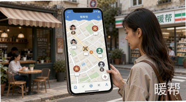 暖帮技能服务地图界面,手机屏幕展示城市街区地图,地图上散布着带有技能图标的用户头像标记,一位女士正站在街边查看手机寻找附近帮助,背景有咖啡馆和便利店,暖帮名称以半透明水印形式出现在画面角落