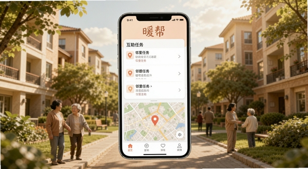暖帮应用主界面全景展示,画面中央为手机屏幕内呈现暖帮APP的互助任务列表与地图定位模块,背景为温馨的社区楼宇与绿树环绕,整体色调温暖明亮,突出邻里互助氛围,软件名称暖帮以柔和字体出现在屏幕顶部,画面风格写实且具有生活气息