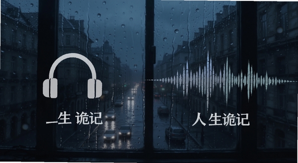 人生诡记 游戏音效设置与氛围场景 耳机图标与声波纹理 背景为雨夜窗景 冷色调 Boogu模型生成