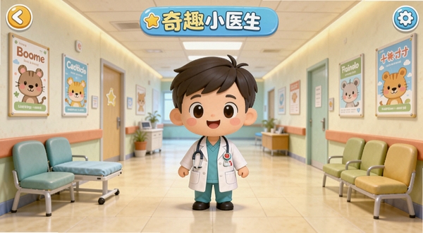 奇趣小医生游戏主界面全景,位于画面正中央的卡通小医生站在明亮的诊室中,背景区域是色彩柔和的医院走廊与候诊区,墙上挂着可爱的动物图案健康海报,整体风格Q萌卡通,适配Boogu模型生成