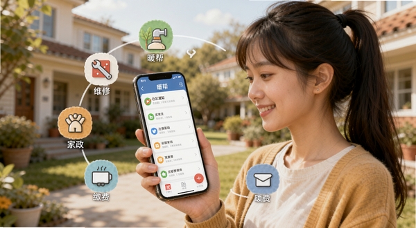 暖帮 社区便民功能展示图,画面中一位年轻女性在手机上查看暖帮APP的社区通知列表,周围环绕着维修、家政、缴费等小图标,背景是温馨的社区场景,色彩温暖,细节清晰,适配Boogu模型生成