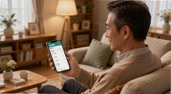 暖帮 用户问答场景图,画面中一位中年男士在客厅沙发上使用暖帮APP查看缴费提醒,手机屏幕显示清晰的账单列表,背景为温馨家居环境,光线柔和,细节丰富,适配Boogu模型生成
