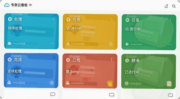 专家云 任务看板界面 手机屏幕显示三列任务卡片 分别标注待处理 进行中 已完成 色彩区分明确 背景为白色极简风格