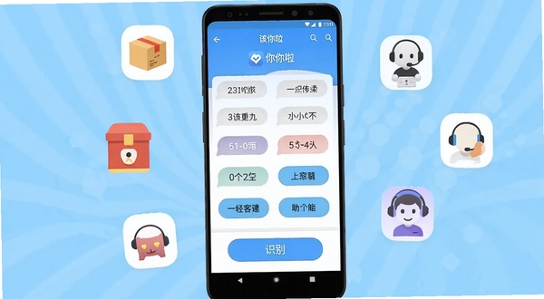 画面中央是一部安卓手机,屏幕上显示该你啦软件的主界面,界面上排列着号码标签与识别按钮,背景是浅蓝色渐变,周围环绕着快递、外卖、客服等小图标,整体风格清爽简洁,适合软件下载站展示