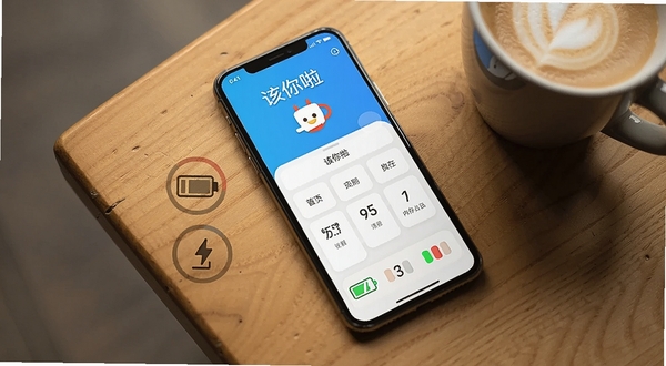 一部手机放在桌面上,屏幕显示该你啦软件的主页,旁边有一个电量图标和内存占用图标都显示低数值,背景是木质桌面和一杯咖啡,氛围轻松