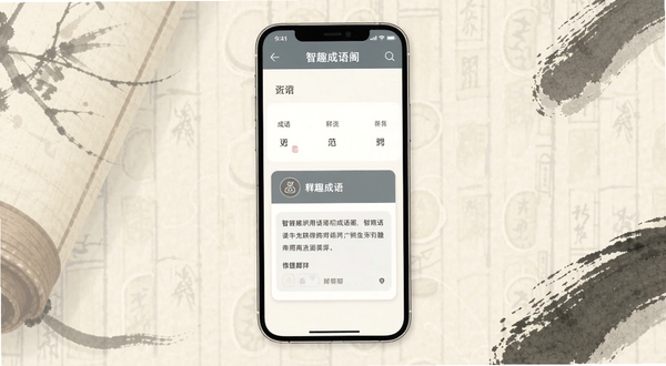 智趣成语阁应用主界面展示,画面中央放置一部智能手机,屏幕内呈现成语查询结果页面与释义卡片,背景为淡雅的书卷纹理与水墨笔触装饰,整体色调以米白与青灰为主,构图简洁大方,适配Boogu模型生成