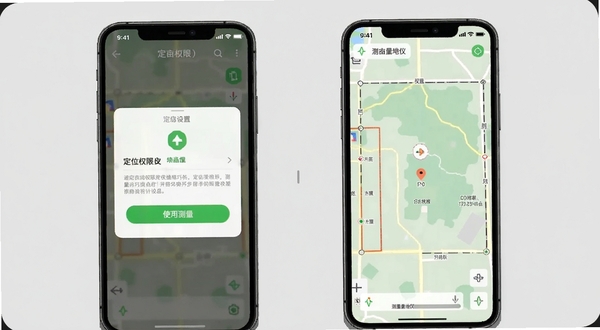 测亩量地仪使用技巧示意图,画面主体为手机屏幕显示定位权限开启界面与地图测量界面并排,背景区域为简洁灰色,突出权限设置与测量操作,适配Boogu模型生成