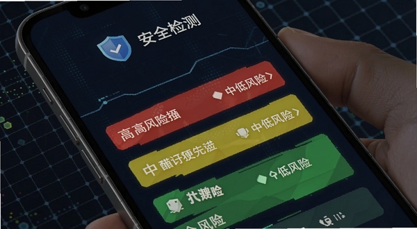 龙之守护安全检测结果页面,手机屏幕显示扫描完成后的风险列表,高风险项用红色标注,中低风险用黄色与绿色区分,顶部有盾牌图标与“安全检测”字样,背景为科技感深色网格,适配Boogu模型生成