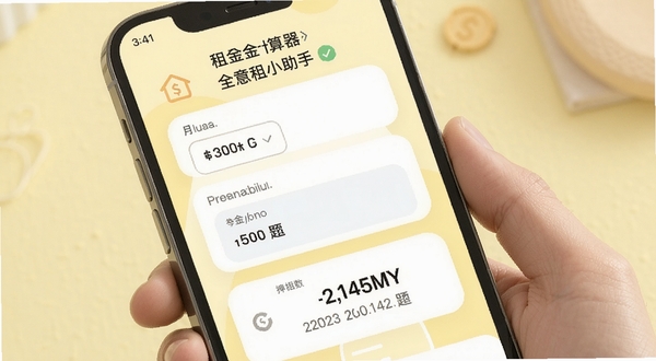 全意租小助手 租金计算器功能界面,画面中手机屏幕显示全意租小助手应用内的计算页面,输入框内填有月租金、押金月数等数字,下方显示计算结果,界面采用圆角卡片设计,配色柔和,背景为淡黄色,突出计算功能的便捷性