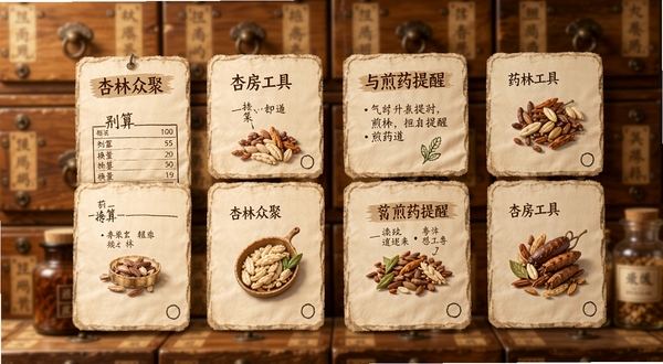 杏林众聚 药房工具卡片展示 包含剂量换算与煎药提醒 背景为木质药柜 暖色调 细节清晰 适配Boogu模型生成