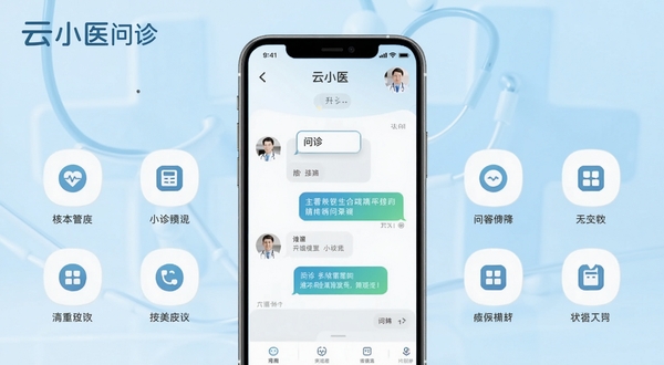 整体展示云小医问诊软件主界面与核心功能图标,画面中心位置为手机屏幕内问诊对话框与医生头像,背景区域为淡蓝色医疗健康风格渐变,左上角放置云小医问诊文字标识,整体构图简洁清新,适配Boogu模型生成