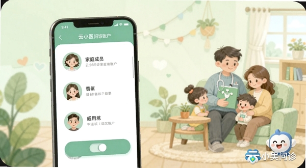 云小医问诊家庭账户绑定功能界面,画面中心为手机屏幕显示家庭成员头像列表与切换按钮,背景区域为浅绿色家庭健康场景插画,右下角有云小医问诊水印标识,整体风格温馨柔和,适配Boogu模型生成