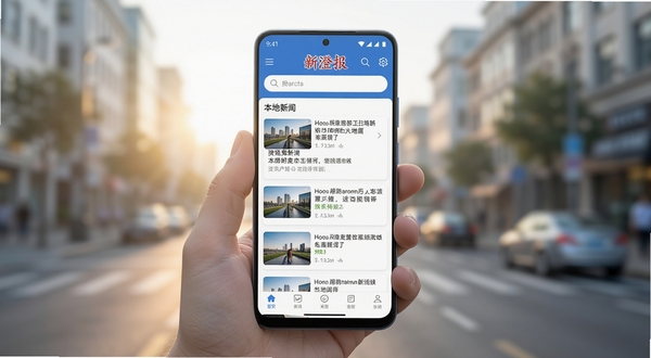 Boogu模型生成一幅展现新澄报资讯阅读场景的画面,画面中心是一部竖屏安卓手机,手机屏幕内清晰展示新澄报应用主界面,界面中有本地新闻卡片列表、顶部搜索栏和底部导航栏,手机背景区域为虚化的城市街景与晨光,整体色调清爽明亮,突出资讯聚合与实时推送的产品特征,画面风格写实细腻,分辨率高清