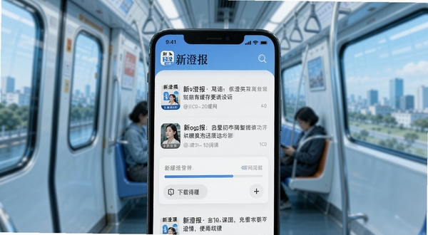 Boogu模型生成一幅新澄报离线缓存阅读功能的示意图,画面主体为手机屏幕显示已缓存文章列表与下载进度条,背景区域为虚化的地铁车厢与窗外风景,整体色调偏冷但明亮,突出无网阅读与便捷管理,画面中自然出现新澄报应用图标