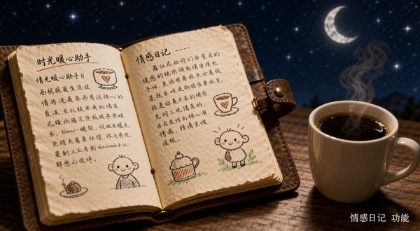 ʱ��ů������ ����ռǹ��ܽ��棬һ���򿪵ĸ���Ƥ���ռǱ���ҳ��������д�����ֺͼ�ʻ����Ա߷���һ��ð�������Ŀ��ȣ�������ҹ�����ǿգ�����������¸���˽���ԣ�����������ˮӡ��ʽ���������½�