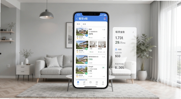 智安e租软件主界面截图,画面中央展示手机屏幕内的房源列表与租金统计卡片,背景为浅灰色现代家居环境,柔和自然光,扁平化UI风格,突出租赁管理工具的简洁与专业感