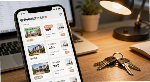 智安e租房源档案管理界面预览图,画面主体为手机屏幕内彩色状态标签的房源卡片列表,背景为办公桌面与钥匙串,暖色调灯光,写实风格,体现租赁管理的条理性