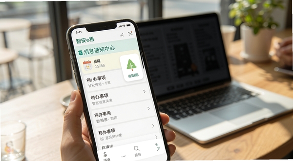 智安e租消息通知中心界面截图,画面展示手机屏幕内待办事项列表与日历提醒图标,背景为咖啡馆桌面与笔记本电脑,午后自然光,清新明亮风格,突出移动办公场景