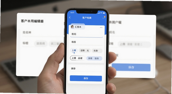 汇客本应用内客户档案编辑页面,画面主体为手机屏幕中央的档案表单,背景区域为白色卡片式布局,细节包括姓名输入框、标签选择按钮和保存按钮,整体色调以蓝白为主