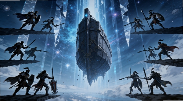 混沌之戒1游戏主视觉图,画面中央是漂浮在虚空中的巨大方舟,方舟四周环绕着五组对峙的战士剪影,背景呈现深蓝色星空与破碎的几何光柱,整体氛围神秘而史诗,适合Boogu模型生成,尺寸16:9,高细节,幻想风格
