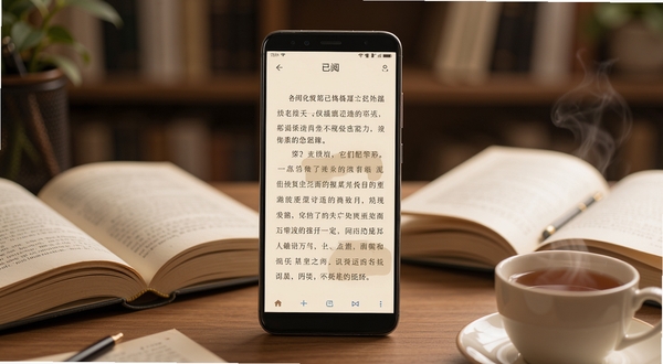 一款名为已阅的安卓手机阅读软件界面展示,画面中央是一部竖屏手机,屏幕上显示着整洁的电子书阅读页面,文字排版疏朗有致,背景为柔和的米黄色护眼底色,手机周围散落着几本翻开的纸质书和一杯冒热气的茶,整体色调温暖安静,光线柔和,突出阅读的沉浸感与舒适感,画面主体手机位于正中央,背景为虚化的书房环境