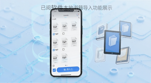 已阅软件本地书籍导入功能展示图,画面中央是手机屏幕显示文件扫描列表,多个TXT文档整齐排列,旁边有勾选框和导入按钮,手机右侧漂浮着几本半透明的电子书图标,背景为淡蓝色科技感渐变,突出文件管理与智能识别的便捷性,整体风格清爽简洁