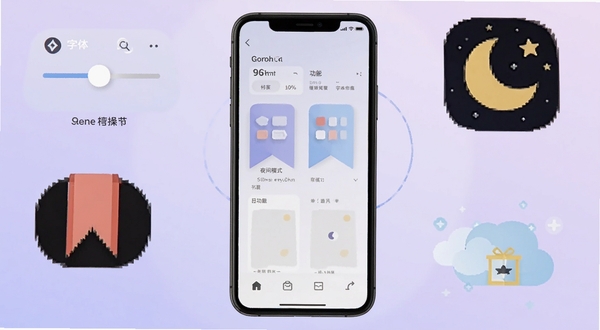 已阅软件功能特色汇总展示图,画面以手机为中心,四周环绕着代表不同功能的图标元素,包括字体调节滑块、书签丝带、月亮图标代表夜间模式、云朵代表缓存,所有元素以扁平化风格呈现,底色为柔和的浅紫色渐变,整体构图均衡,突出软件功能丰富且操作便捷的特点