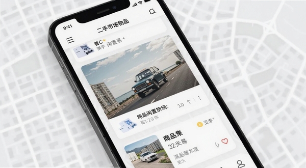 二手市场闲置交易APP首页展示同城闲置物品列表,画面主体为手机屏幕中央的商品卡片,背景区域为浅灰色城市地图轮廓,整体风格清新简洁