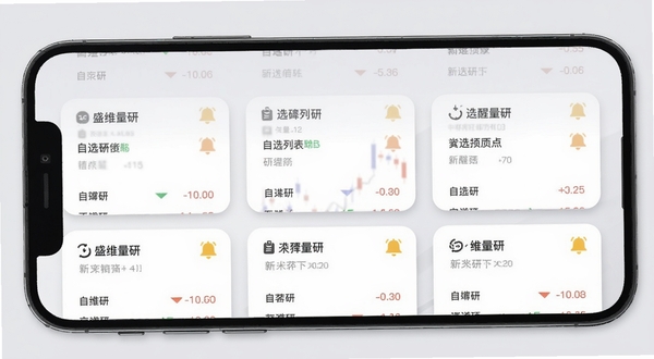 盛维量研 自选股列表与提醒设置界面 手机屏幕显示多只股票卡片与铃铛图标 背景为浅灰色 卡片带有圆角与阴影 风格清爽