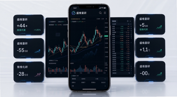 盛维量研 软件主界面 手机屏幕中央显示量化K线图表与数据面板 背景为深色金融主题 四周环绕简洁的数据指标卡片 科技感与商务感结合 高清渲染