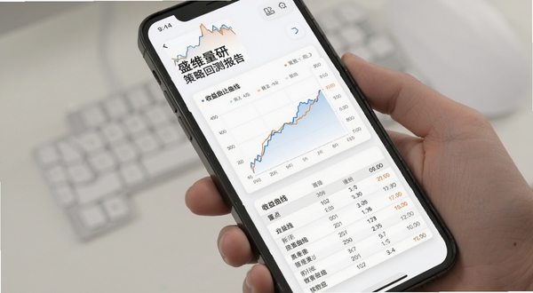 盛维量研 策略回测报告页面 手机屏幕展示收益曲线与数据表格 背景为白色卡片式布局 图表使用蓝色与橙色线条 整体清晰易读
