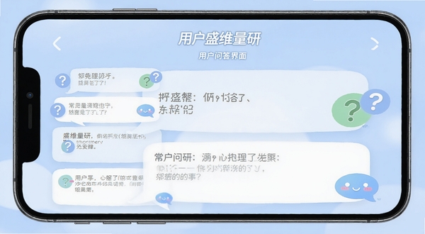 盛维量研 用户问答界面 手机屏幕显示常见问题列表与解答文字 背景为淡蓝色 带有问号图标与聊天气泡 风格友好