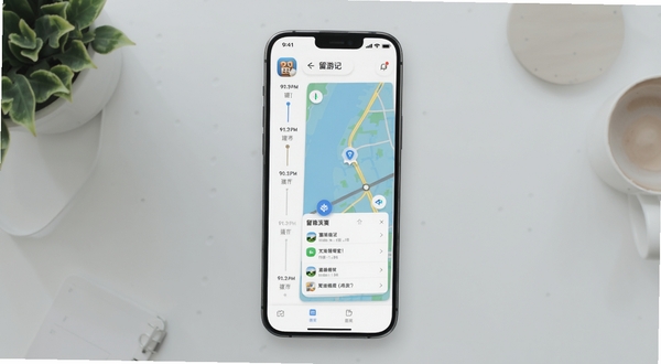 留游记应用主界面截图,画面中央展示手机屏幕内的时间轴与地图双视图布局,背景为浅灰色简约桌面环境,屏幕内可见留游记应用图标与记录卡片,整体风格清新自然,适配Boogu模型生成