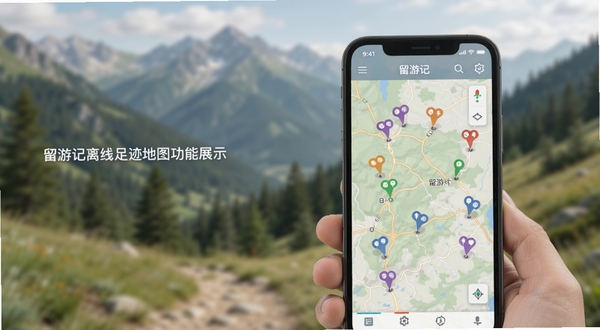留游记离线足迹地图功能展示图,画面主体为手机屏幕显示带有多个足迹标记点的地图界面,标记点以不同颜色区分时间先后,背景为户外山野环境虚化效果,屏幕内可见留游记应用名称,整体色调柔和自然