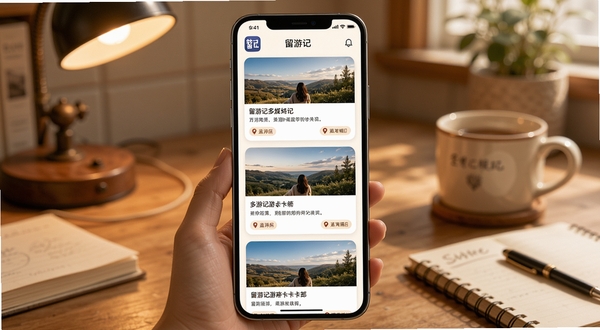 留游记多媒体游记卡片界面展示,画面中央为手机屏幕内多张游记卡片纵向排列,卡片内包含照片缩略图、文字描述和位置标签,背景为温馨的书桌环境,屏幕内可见留游记应用图标与名称,整体风格温暖柔和