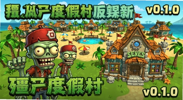 僵尸度假村更新内容宣传图,画面展示新增的僵尸客人角色和建筑外观,有版本号v0.1.0字样,背景是度假村全景,色彩丰富,卡通风格