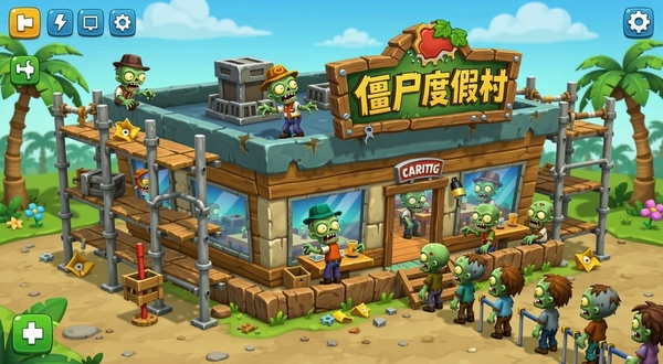 僵尸度假村设施升级界面,画面中展示一座正在升级的僵尸餐厅,建筑外围有脚手架和施工中的僵尸工人,餐厅招牌写着僵尸度假村字样,周围有排队等候的僵尸客人,色彩鲜艳,卡通风格,细节清晰
