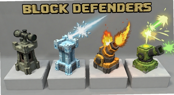 Block Defenders����������λչʾͼ�������в��������žѻ�������˪����������̨�ͽ�����̨���ַ��飬ÿ�ַ�����ж�Ӧ�Ĺ�����Ч�������Ǽ��ĻҰ�ɫչʾ̨