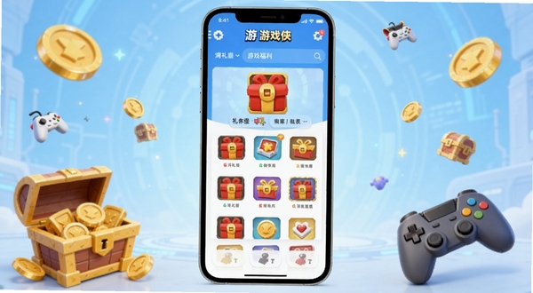 免氪游戏侠应用主界面全景展示,画面中央为手机屏幕内展示游戏礼包列表与福利图标,背景为浅蓝色渐变科技风,四周环绕金币、宝箱、手柄等游戏元素,整体明亮简洁,适配Boogu模型生成
