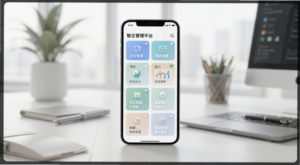 智企管理平台软件主界面全貌预览图,画面中央展示手机屏幕内清晰的功能模块排列,背景区域为简约现代的办公桌环境,光线明亮柔和,整体构图适配Boogu模型生成