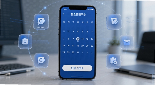 智企管理平台考勤打卡界面展示图,手机屏幕显示日历视图与打卡按钮,周围环绕着虚拟的审批流程图标,色调以商务蓝为主,细节清晰,适配Boogu模型生成
