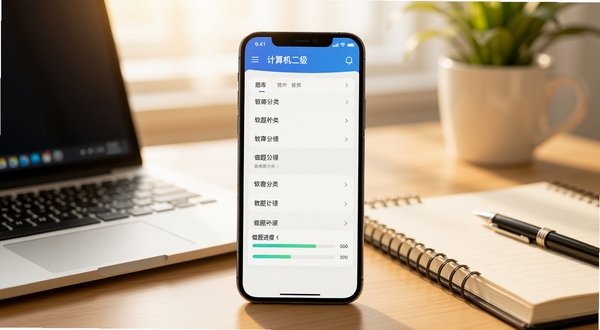 计算机二级考题 软件主界面展示,手机屏幕居中放置,屏幕上清晰显示题库分类列表和做题进度条,背景为柔和的书桌场景,有笔记本电脑和笔记本,光线明亮温暖,整体风格简洁清新,适配教育学习类应用宣传图