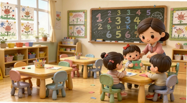 宝宝幼儿园教室场景特写,卡通风格的明亮教室,小桌椅整齐排列,黑板上画着数字和字母,墙上贴着儿童画作,一位卡通老师正在指导小朋友做手工,画面温暖有爱,适合Boogu模型生成