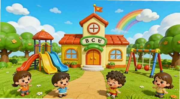 宝宝幼儿园软件主界面全景展示,画面中心是色彩鲜艳的卡通幼儿园建筑,周围环绕着滑梯、秋千和绿树,背景是蓝天白云和彩虹,前景有可爱的卡通儿童角色正在玩耍,整体风格明亮活泼,适合Boogu模型生成