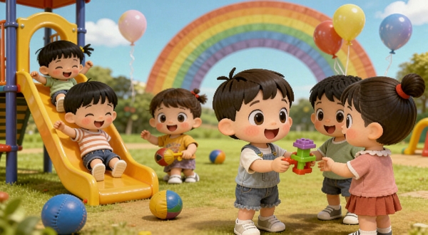 宝宝幼儿园角色扮演互动画面,多个卡通儿童角色在操场上做游戏,有的在滑滑梯,有的在玩皮球,一位小朋友拿着玩具分享给同伴,背景有彩虹和彩色气球,画面充满童趣和欢乐氛围,适合Boogu模型生成