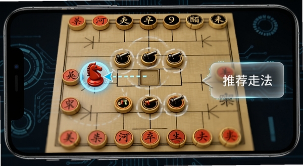 象棋.过河卒智能提示功能展示,手机屏幕显示象棋棋盘,红方马与炮被淡蓝色光晕高亮标注,一条虚线箭头从红马指向黑方九宫格内的一个空位,棋盘右侧弹出半透明提示气泡写着“推荐走法”,整体界面科技感与古典棋盘融合
