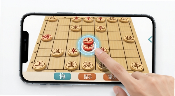 象棋.过河卒移动端操作示意图,一部手机横屏显示象棋棋盘,一只手指正在点击红方棋子,棋子周围有淡蓝色触点反馈光圈,棋盘下方悔棋、提示、重开三个按钮清晰可见,背景简洁明亮,突出触控走子的便捷性