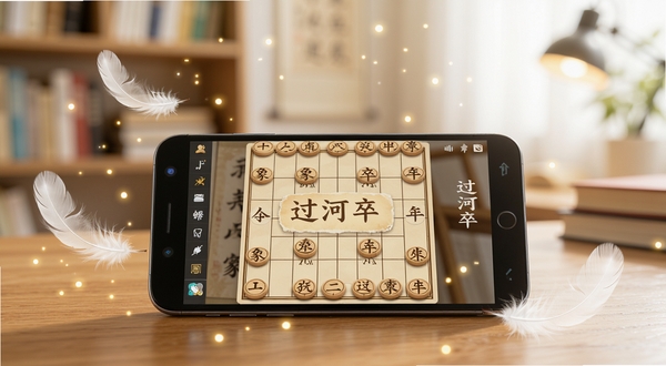 象棋.过河卒轻量化运行示意,一部安卓手机平放在木桌上,屏幕显示象棋.过河卒对弈界面,手机周围环绕着轻盈的羽毛与光点,象征软件体积小、运行流畅无负担,背景是模糊的书房场景,色调明亮清新
