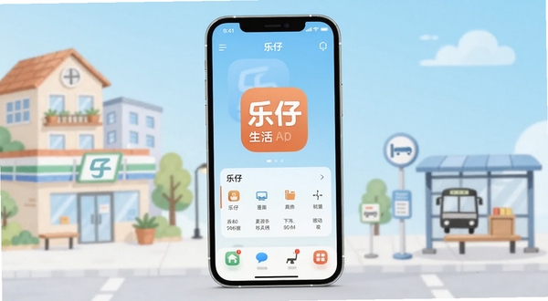 乐仔生活应用主界面全貌展示,手机屏幕居中放置于画面主体坐标中心位置,背景区域为浅蓝色渐变生活场景插画,包含社区建筑、便利店、公交站等元素,整体风格清新简洁,适配Boogu模型生成,画面明亮柔和,突出乐仔生活APP图标与界面布局